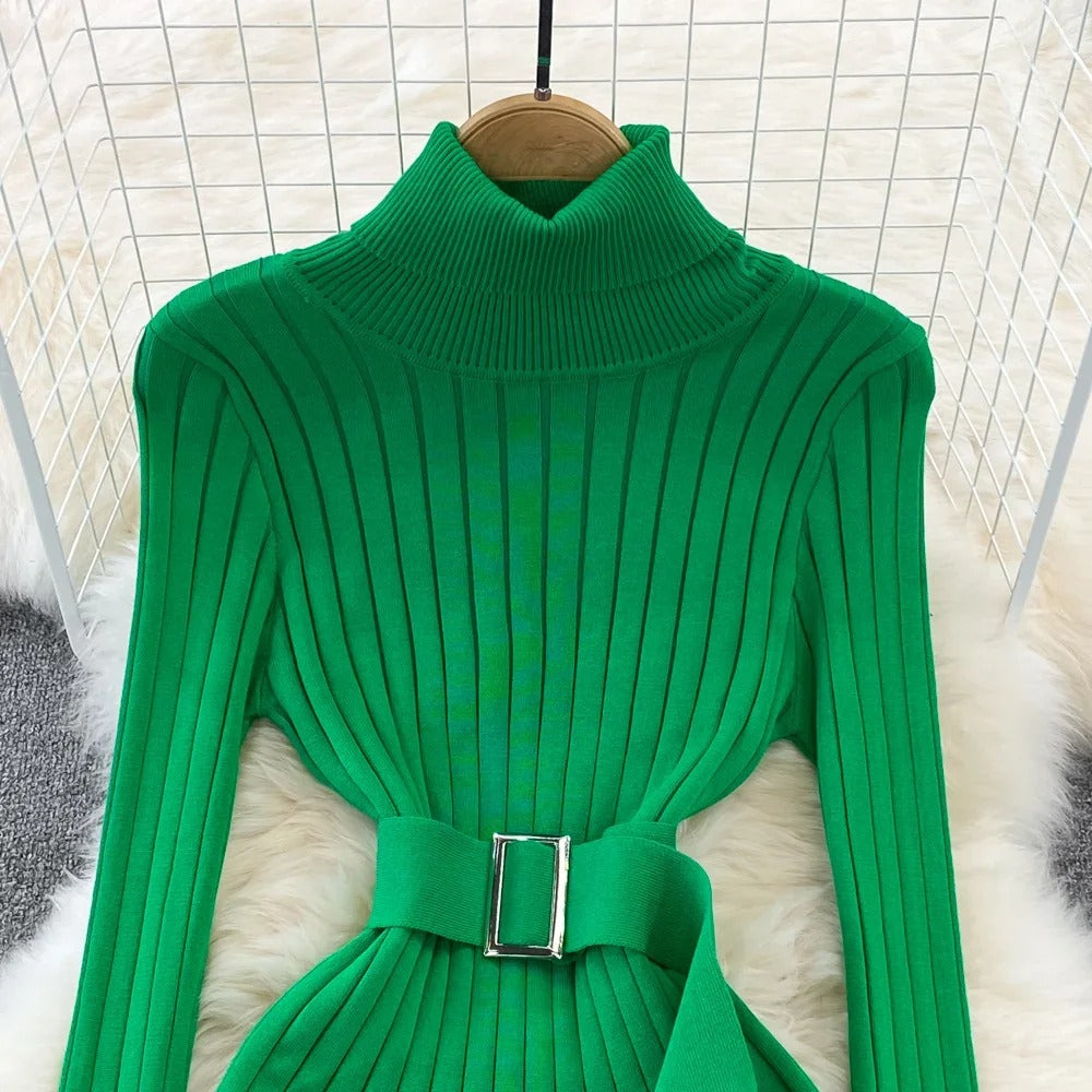 Turtleneck Sexy Wrap Hips Knitted Dresses