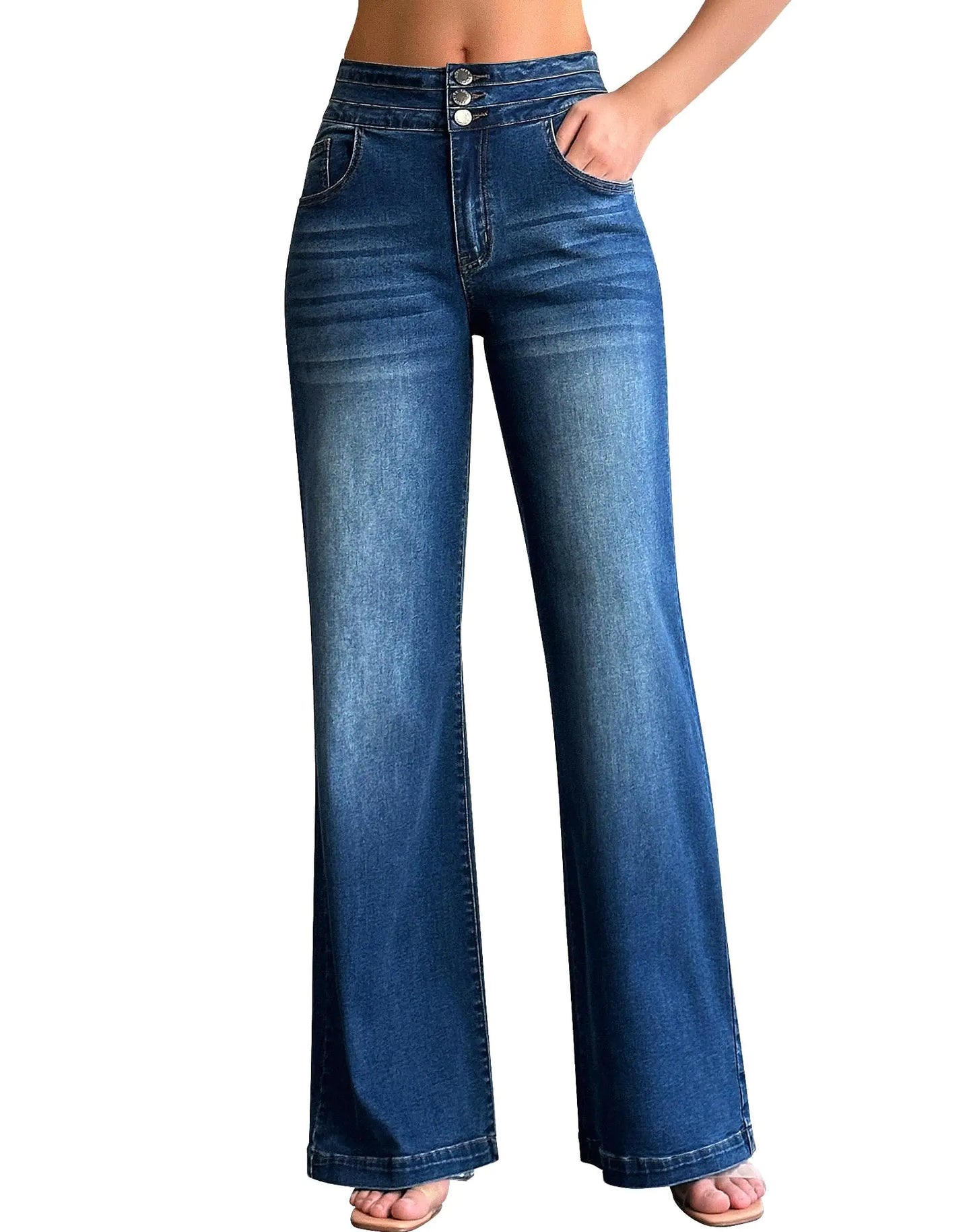 roswear Women's Wide Leg Jeans Casual High Waisted Stretch Baggy Loose Denim Pants X-Large Blue