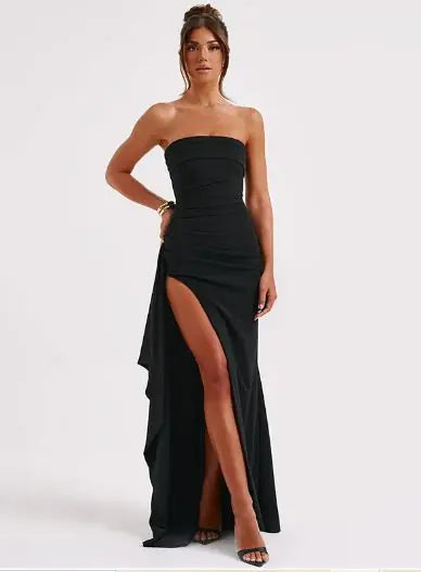 Strapless Asymmetrical High Split Maxi Dress