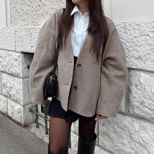 V-Neck Long-Sleeve Button-Down Coat