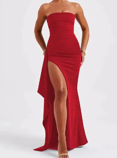 Strapless Asymmetrical High Split Maxi Dress