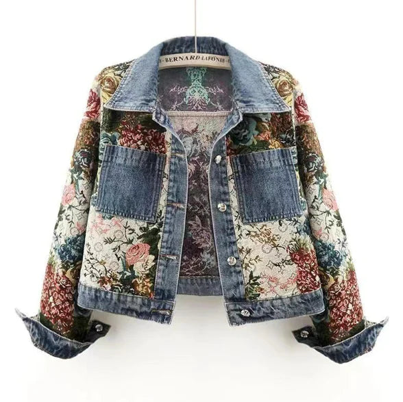 Printed Patchwork Long Sleeve Denim Coat