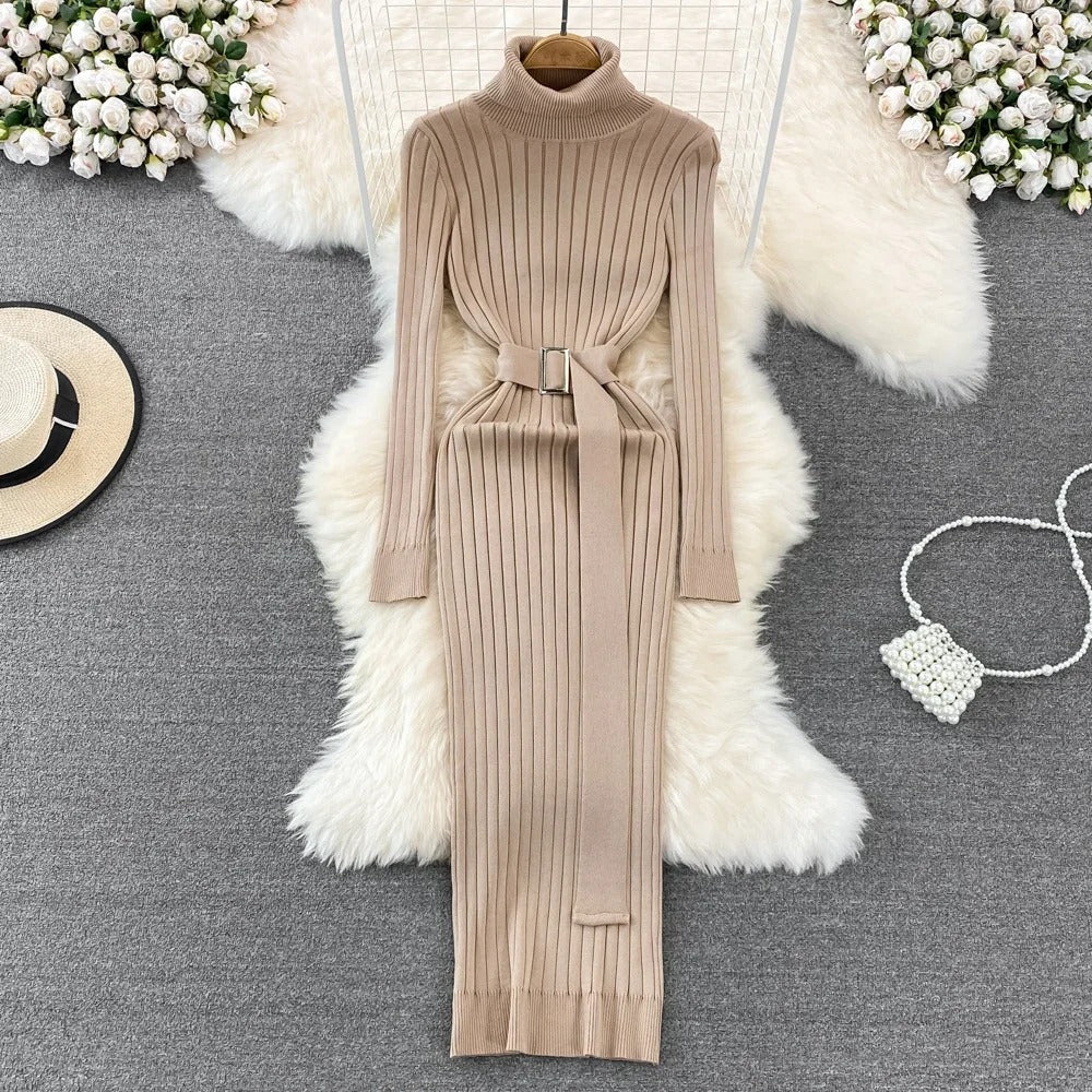 Turtleneck Sexy Wrap Hips Knitted Dresses