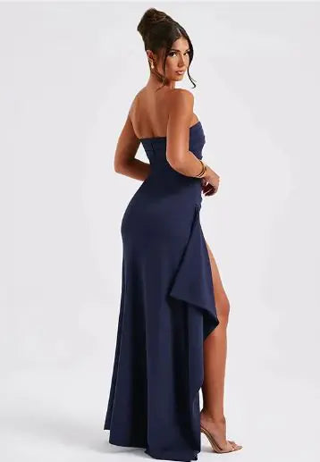 Strapless Asymmetrical High Split Maxi Dress